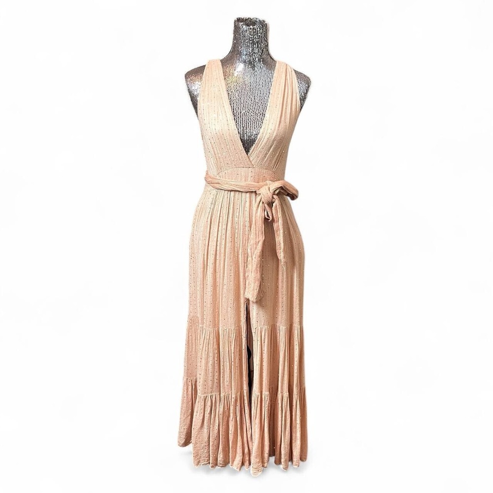 Glam Sequin Metallic Maxi Dress XS/S Plunge V Neck Tiered Champagne Gold Party